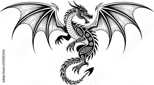 Black and white tribal dragon with spread wings vector