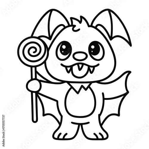 Cute cartoon bat character holding a swirl lollipop on a stick with wings spread animal