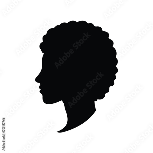 Silhouette of woman with afro hairstyle viewed from the side on white