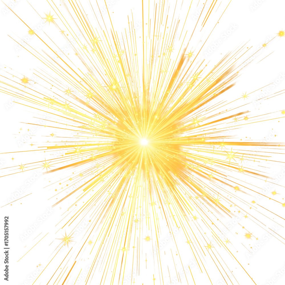Fototapeta premium Vibrant abstract illustration of a cosmic explosion, a powerful golden light burst with radiant energy flux and shining particles on a white background