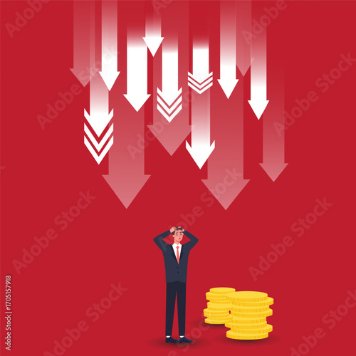 Distressed businessman standing before pile of gold coins with downward-pointing white and red arrows on vivid red background, symbolizing economic loss, financial crisis, and market decline