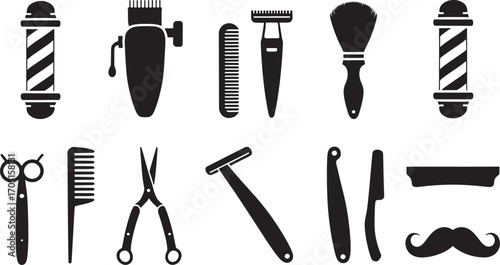 Barber shop icons set featuring tools of the trade for men's grooming