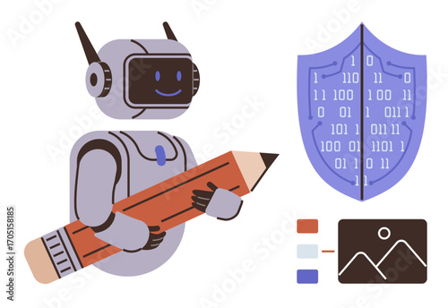 Robot carrying pencil beside a digital shield with binary code and UI components. Ideal for innovation, cybersecurity, AI, data protection, digital design, education, and technology development