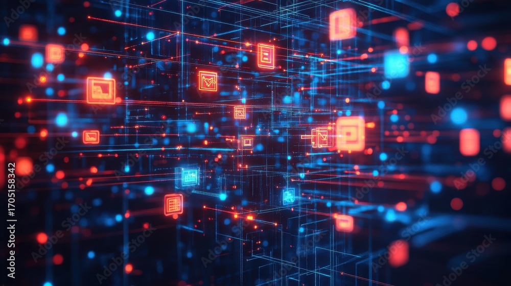 Fototapeta premium Abstract Data Network with Glowing Red and Blue Square Icons and Light Streams