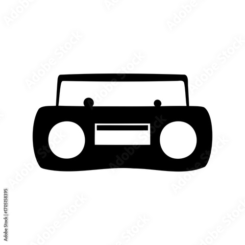 Simple black silhouette cartoon car with eyes and windshield illustration