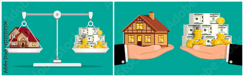 House on a scale with money and hands holding property against cash. Real estate investment concept. Home ownership finance.