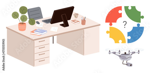 Office desk setup featuring computer, plants, and stationery alongside a colorful puzzle diagram and a quadcopter quadcopter. Ideal for productivity, innovation, technology, problem-solving, teamwork