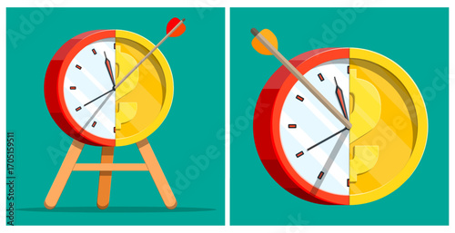 Clock target with arrow and dollar coin, representing the concept of financial goals and time management. Business strategy and investment timing.