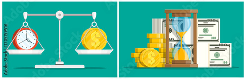 Time is money concept with clock and dollar coin on a scale next to an hourglass, coins, and banknotes for financial planning.