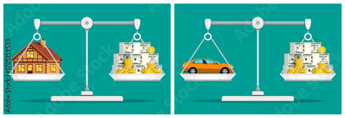 House and money, car and money on scales. Real estate versus cash balance. Investment choice comparison for finance concept.