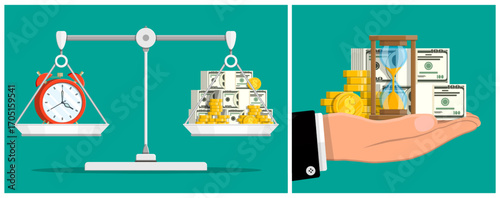 Time is money illustration with alarm clock and cash on a balance scale, and a hand holding hourglass with currency for business value concept.