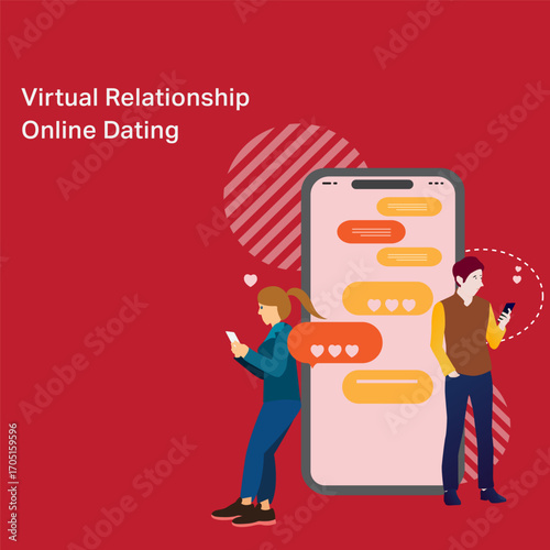 Flat illustration of man and woman engaging in online dating on smartphones, surrounded by chat bubbles and hearts, set against vibrant red background, depicting virtual relationship and digital conne