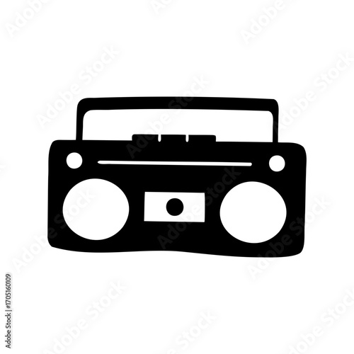A stylized vector image of a vintage boombox in solid black color