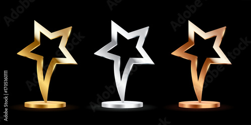 Award trophy set of golden, silver and bronze colors. Metal star shaped cups. Realistic vector illustration of winners cups for sport competition, business achievement, recognition.
