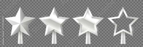 Christmas silver tree topper set vector illustration. Realistic 3D silver star decoration in deco style. Decorative traditional top of Xmas pine tree in winter season isolated on transparent.