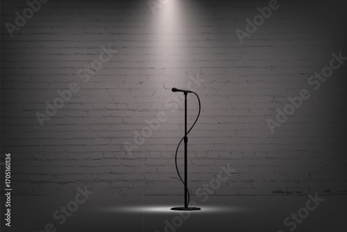 Microphone and spotlight on empty stage. Black mic stand under white lights in front of brick wall for music performance, podcast, comedy or singing contest. Realistic vector illustration.
