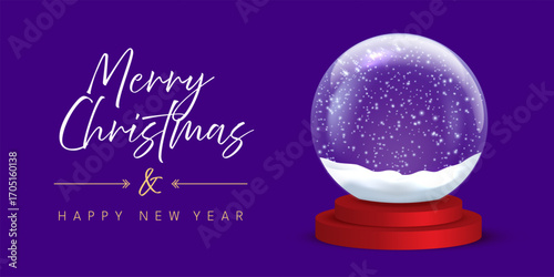 Snow globe with snowflakes on purple with festive congratulations. Happy New Year greeting card vector illustration. Xmas horizontal social media banner, poster, postcard.