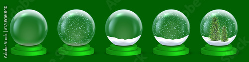 Snow globes collection with green bases. Transparent glass snowballs with snow, snowflakes, Christmas tree on dark green. Vector festive decoration for Christmas and New Year design.