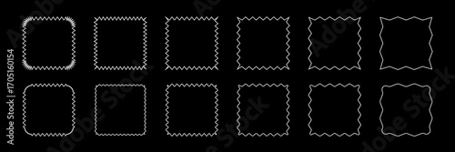 Blank badge outlines set. Collection of square label frames with zigzag, wavy, and starburst edges. White line shapes isolated on black background. Graphic vector illustration.