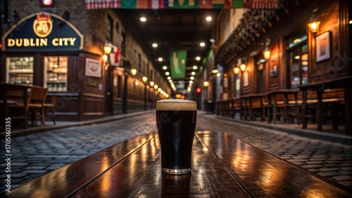 beer and food pairing A pint of dark beer sits on a wooden table in a charming Dublin street lined with pubs and warm lights.