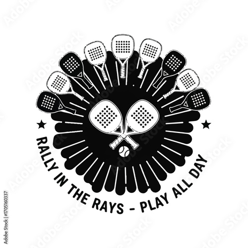 Padel racket emblem with sunburst and motivational text.