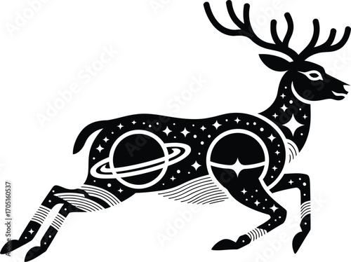 Black silhouette deer with celestial body patterns