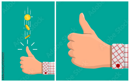 Hand of a man giving a thumbs up gesture, with gold coins falling. Concept of success, approval, financial gain, and good feedback for busines.