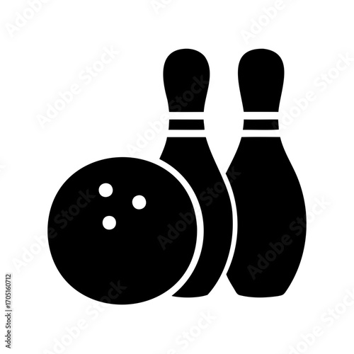 A black and white illustration of a bowling ball and pins, ready to play