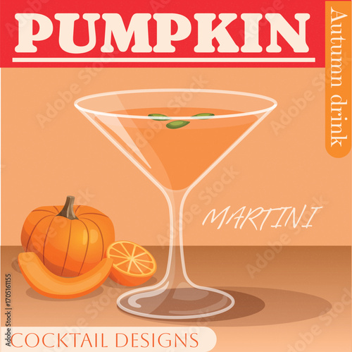 Pumpkin, drink, martini, autumn, orange, cocktail, poster, magazine, illustration, vector