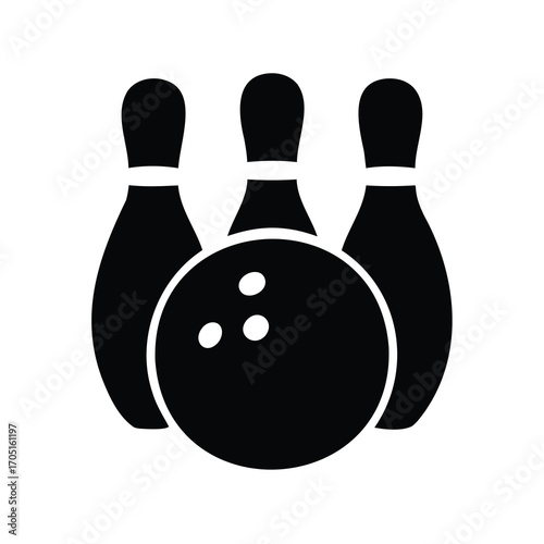 Monochrome bowling ball and three pins with a white background display