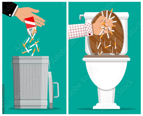 Man quitting smoking concept. Hand throwing cigarettes in trash can and flushing them down toilet. Clean healthy life, addiction freedom.