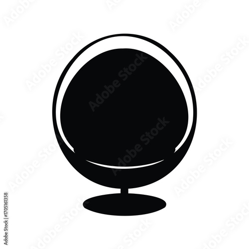 Minimalist monochrome graphic of a ball chair silhouette on a white background