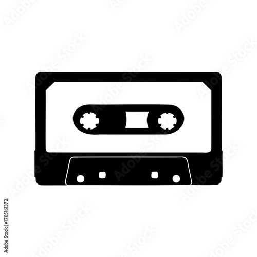 Black and white cassette tape with reel openings in a minimalist style