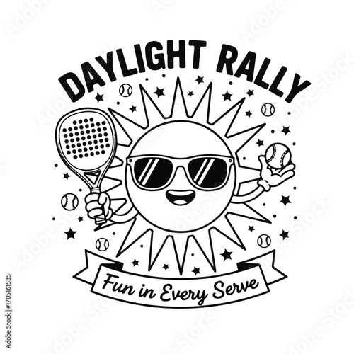 A cartoon sun wearing sunglasses, holding a paddle and a ball, with the text "DAYLIGHT RALLY" and "Fun in Every Serve" around it, suggesting a sports event.
