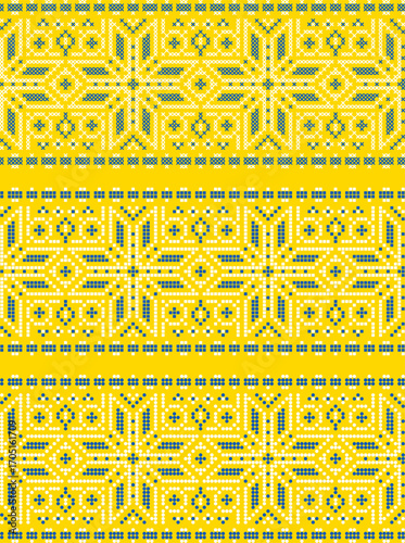 Vector illustration of Ukrainian ornament in ethnic and floral style, blue and yellow colors, vyshyvanka embroidery for print clothes, websites, banners, backgrounds, traditional folk seamless border.