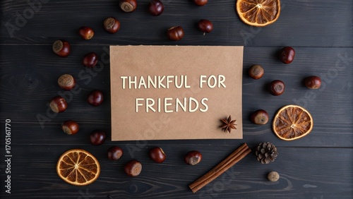 friendsgiving celebration Thankful for friends message with decorative elements like dried fruits and nuts on a dark wooden background.