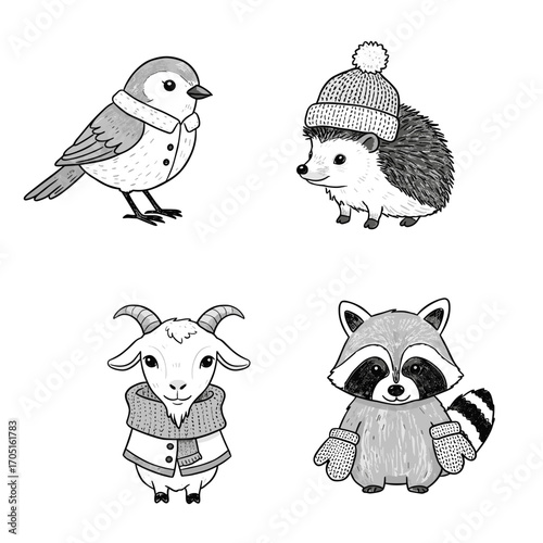 Collection of Winter outfits for animals themed icons, including bird in a tiny coat, hedgehog in a bobble hat, goat with a neck warmer, raccoon with mittens