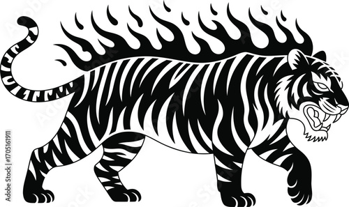 Black tiger with flames illustration white fire