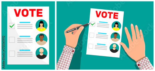 Man's hand checking a candidate on a ballot paper. Election day concept with people voting. Voting choice for democratic illustration.
