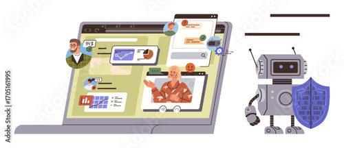 Laptop with video calls, chats, and data analytics, protected by an AI robot holding a shield. Ideal for cybersecurity, communication, AI technology, digital safety, teamwork remote work secure