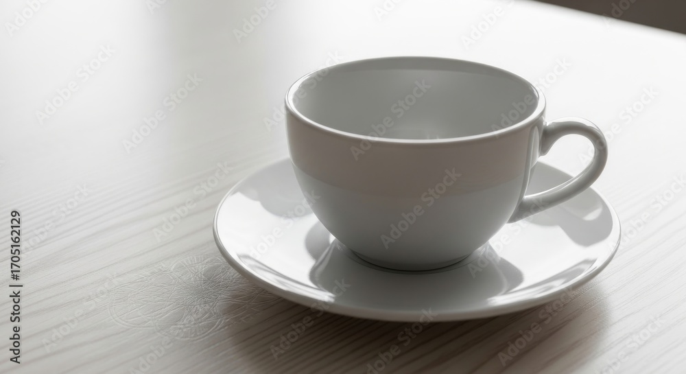 Fototapeta premium Empty white coffee cup and saucer on light wooden table