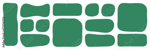 Abstract set of irregular green shapes. Organic geometric elements resembling stones or tiles. Christmas green frames, holiday backgrounds and festive notes. Vector