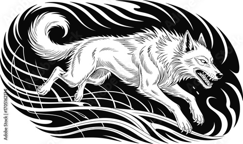Black and white illustration of a snarling wolf in motion