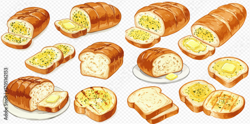 A collection of delicious garlic bread loaves, slices, and buttered toast illustrations.