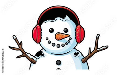 Cartoon snowman with red headphones