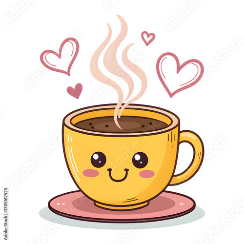 Cute kawaii coffee cup with steam and hearts