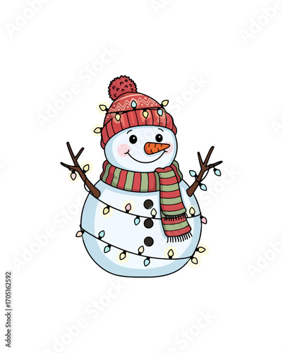 Cute snowman decorated with christmas lights