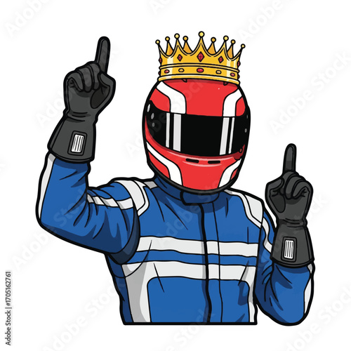 A triumphant race car driver wearing a crown and racing suit, celebrating a victory.