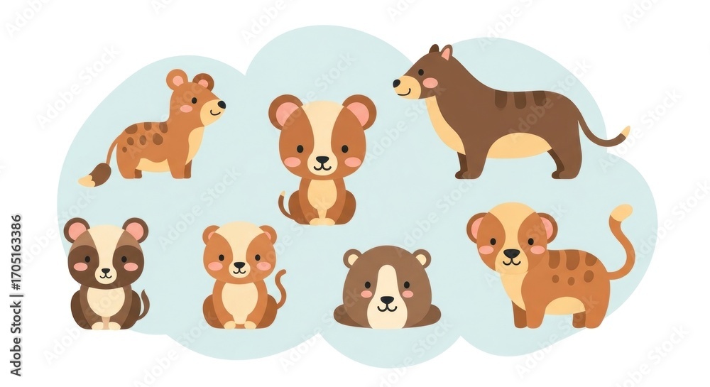 Fototapeta premium Adorable cartoon animals, likely mammals, in various poses, smiling and set against a light blue cloud shape