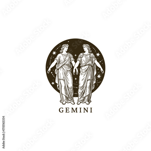 engraving of the Gemini zodiac sign, featuring two figures the twins holding hands. Vector template illustration